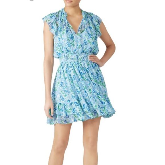 Shoshanna Sz 14 Blue Cottagecore Floral Smocked Waist Ruffled Hem Sheer w/ Slip - Picture 2 of 9